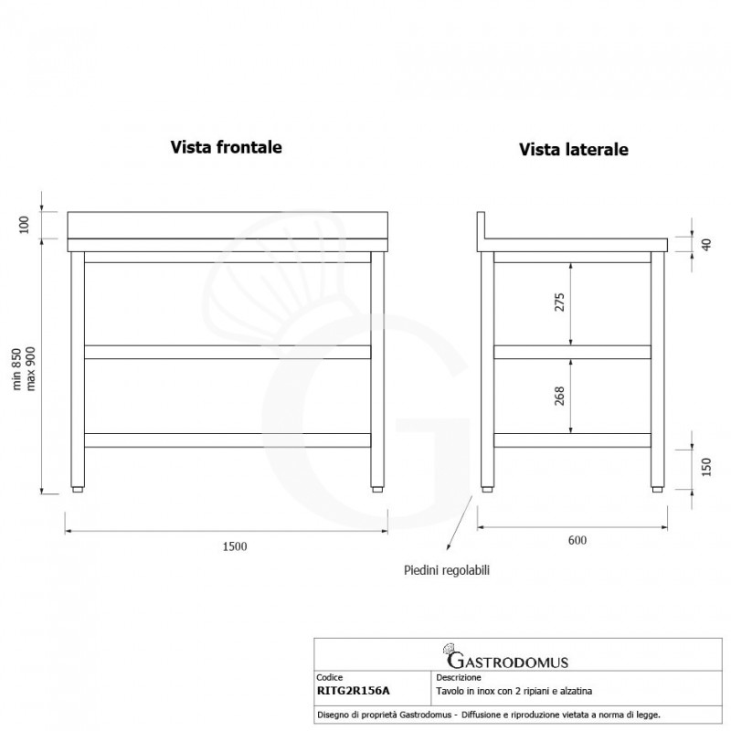 Tavolo inox 2 ripiani alzatina L 1500 mm x P 600 mm x H 950 mm
