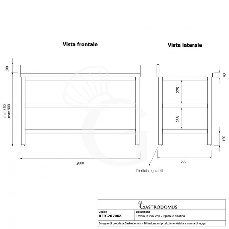 Tavolo inox 2 ripiani alzatina L 2000 mm x P 600 mm x H 950 mm