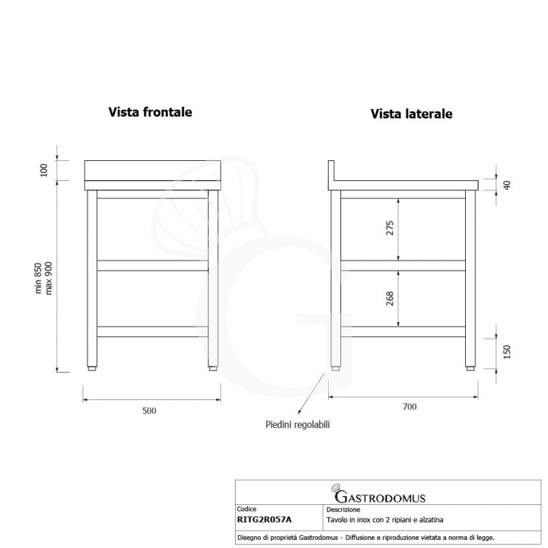 Tavolo inox 2 ripiani alzatina L 500 mm x P 700 mm x H 950 mm