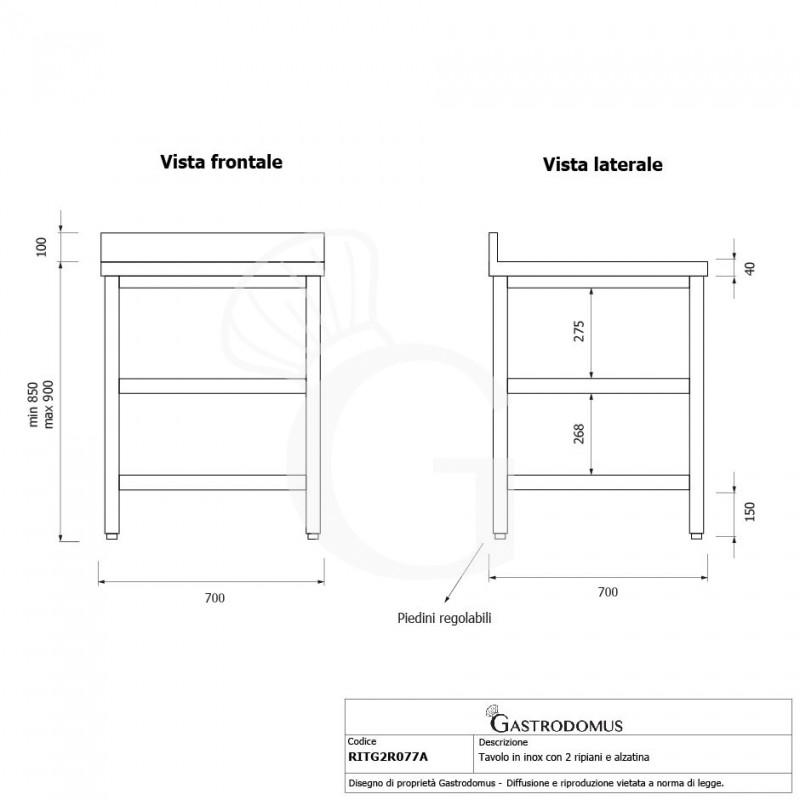 Tavolo inox 2 ripiani alzatina L 700 mm x P 700 mm x H 950 mm