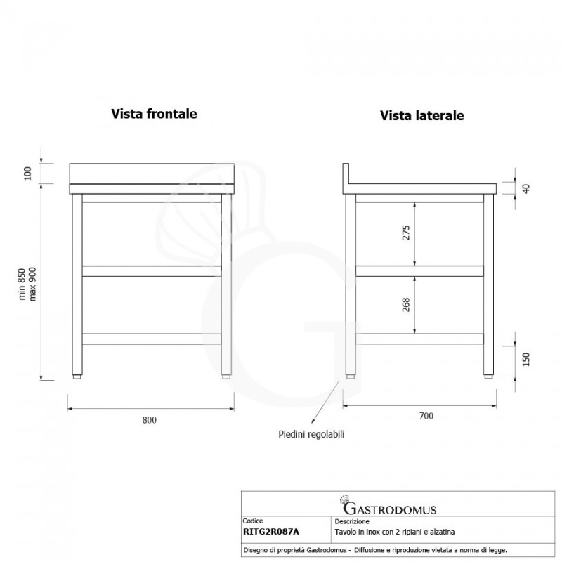 Tavolo inox 2 ripiani alzatina L 800 mm x P 700 mm x H 950 mm