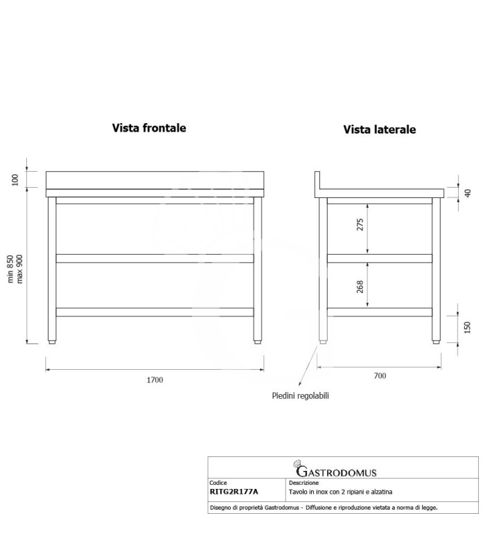 Tavolo inox 2 ripiani alzatina L 1700 mm x P 700 mm x H 950 mm