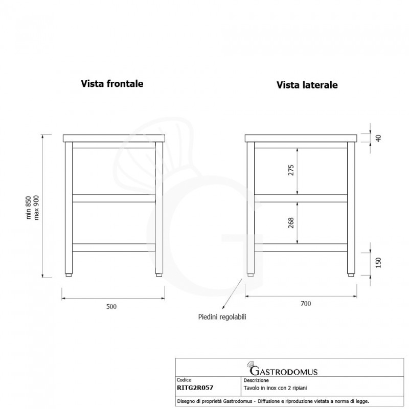 Tavolo inox 2 ripiani L 500 mm x P 700 mm x H 850 mm