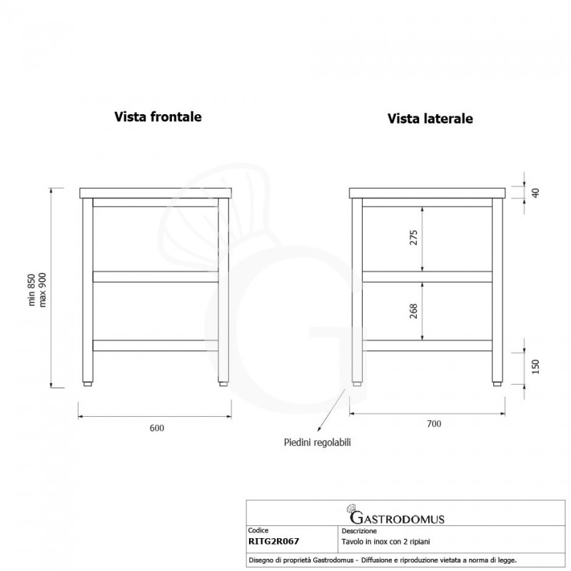 Tavolo inox 2 ripiani L 600 mm x P 700 mm x H 850 mm
