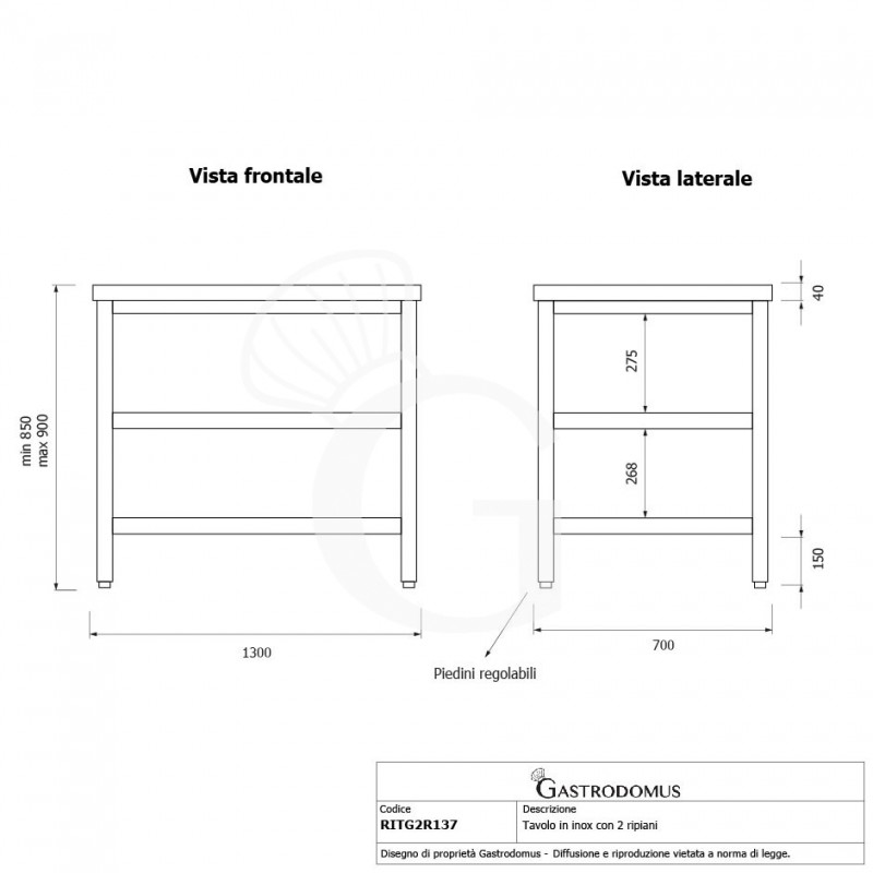 Tavolo inox 2 ripiani L 1300 mm x P 700 mm x H 850 mm