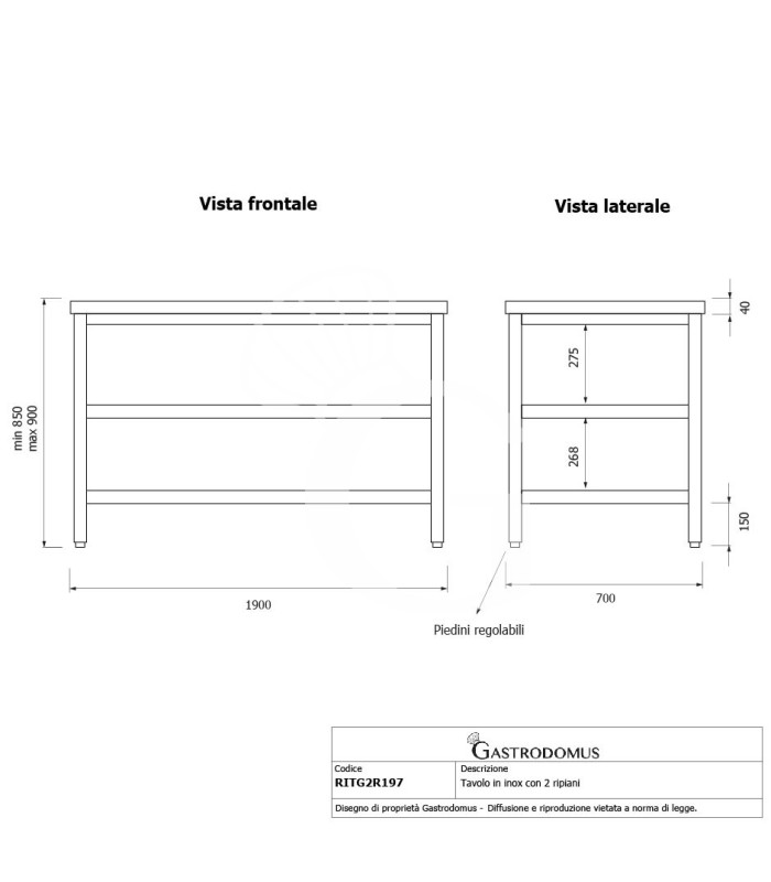 Tavolo inox 2 ripiani L 1900 mm x P 700 mm x H 850 mm