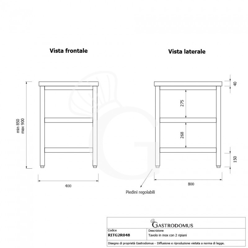 Tavolo inox 2 ripiani L 400 mm x P 800 mm x H 850 mm