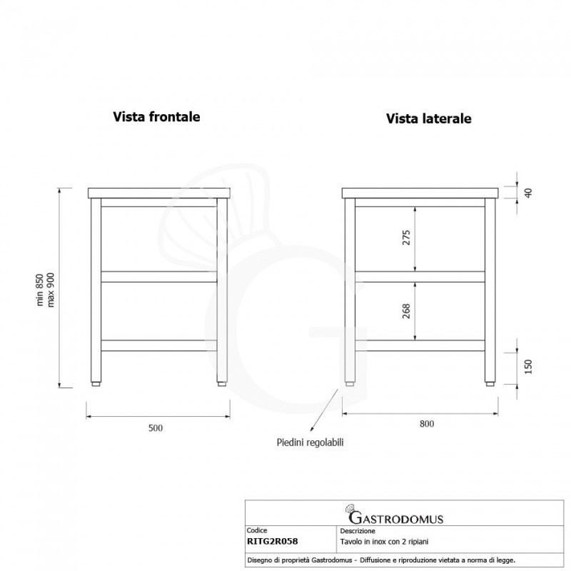 Tavolo inox 2 ripiani L 500 mm x P 800 mm x H 850 mm
