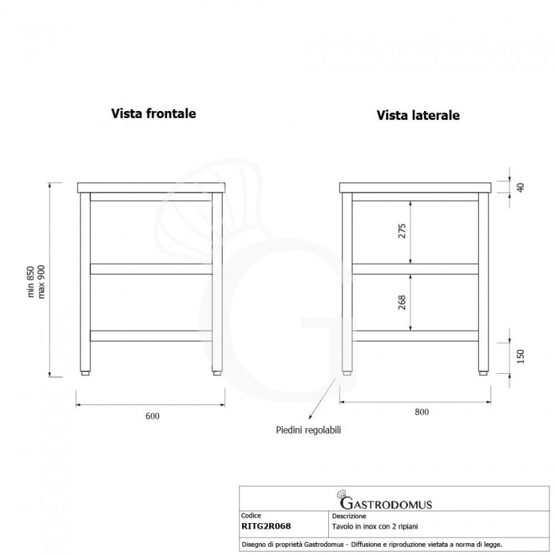 Tavolo inox 2 ripiani L 600 mm x P 800 mm x H 850 mm