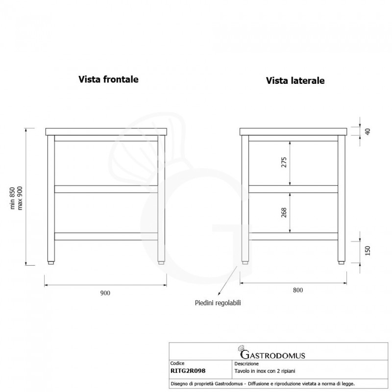 Tavolo inox 2 ripiani L 900 mm x P 800 mm x H 850 mm