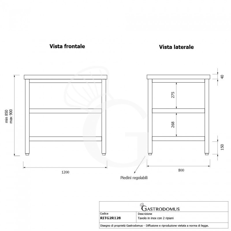 Tavolo inox 2 ripiani L 1200 mm x P 800 mm x H 850 mm