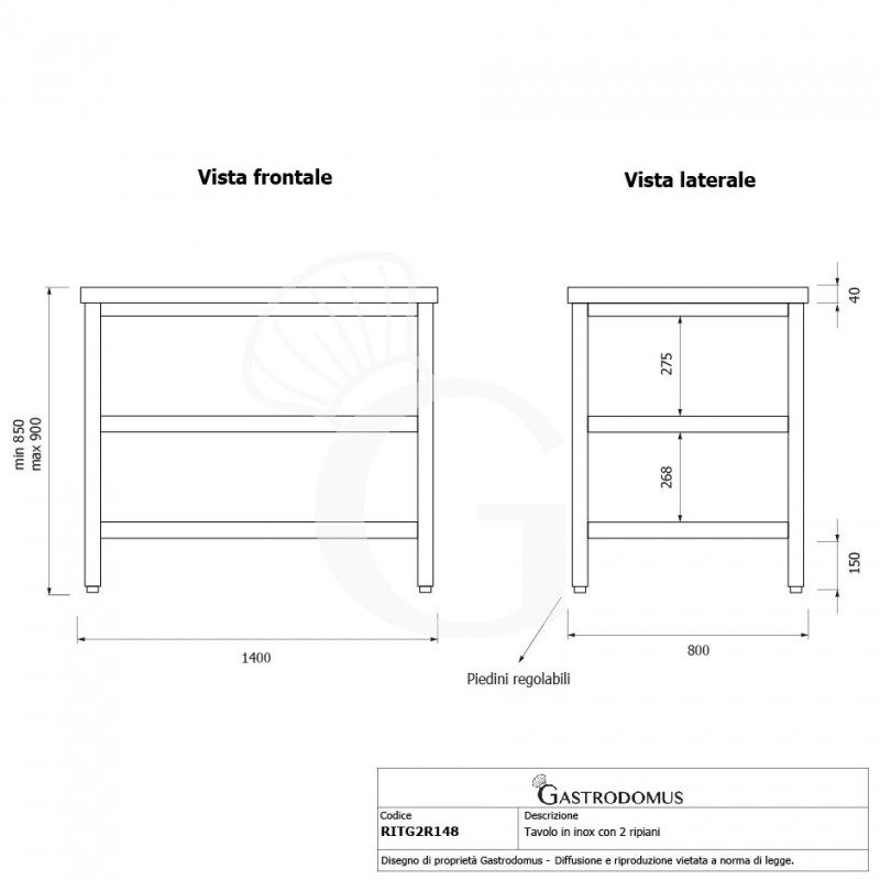 Tavolo inox 2 ripiani L 1400 mm x P 800 mm x H 850 mm