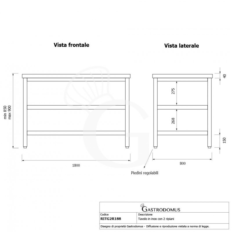 Tavolo inox 2 ripiani L 1800 mm x P 800 mm x H 850 mm