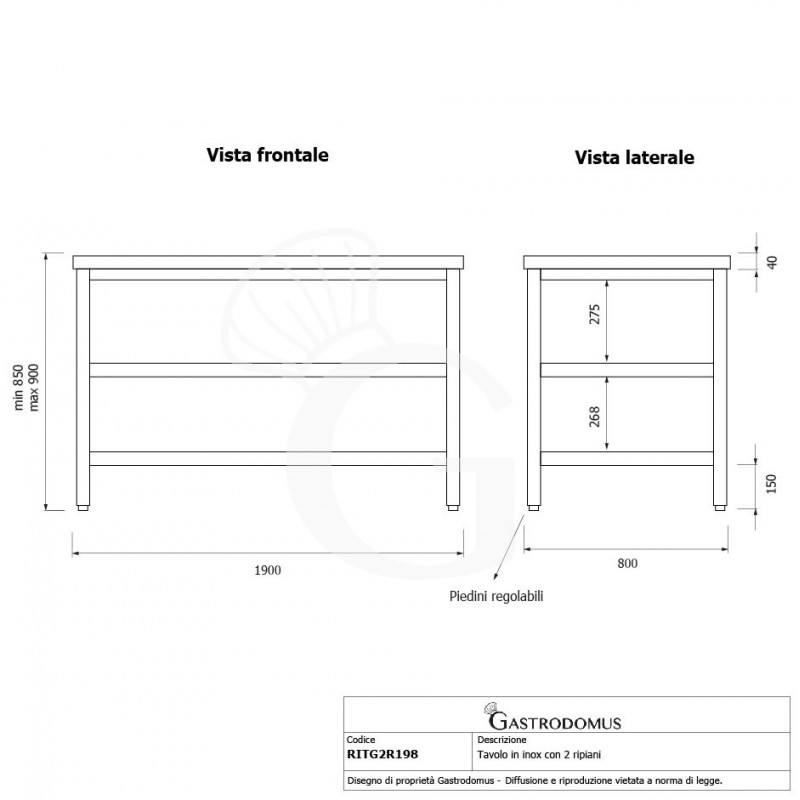 Tavolo inox 2 ripiani L 1900 mm x P 800 mm x H 850 mm
