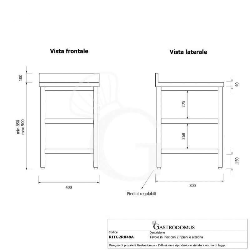 Tavolo inox 2 ripiani alzatina L 400 mm x P 800 mm x H 950 mm