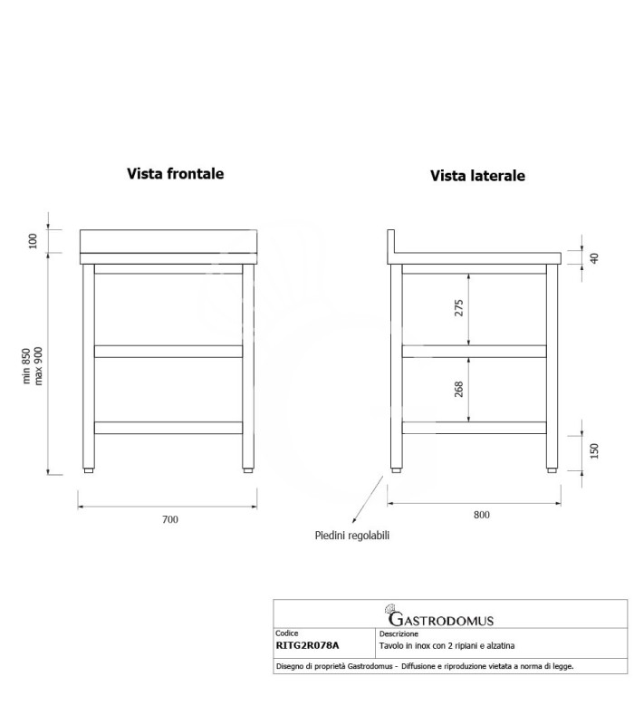 Tavolo inox 2 ripiani alzatina L 700 mm x P 800 mm x H 950 mm