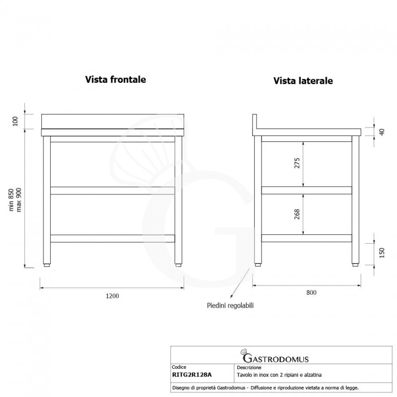 Tavolo inox 2 ripiani alzatina L 1200 mm x P 800 mm x H 950 mm