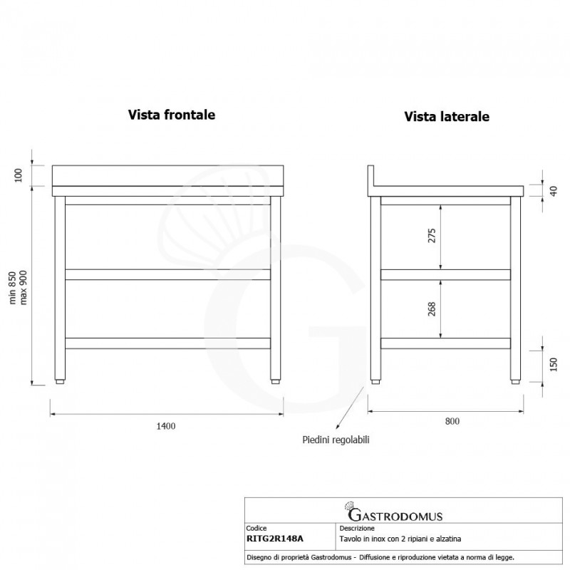 Tavolo inox 2 ripiani alzatina L 1400 mm x P 800 mm x H 950 mm