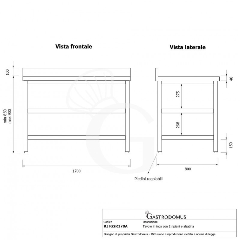 Tavolo inox 2 ripiani alzatina L 1700 mm x P 800 mm x H 950 mm