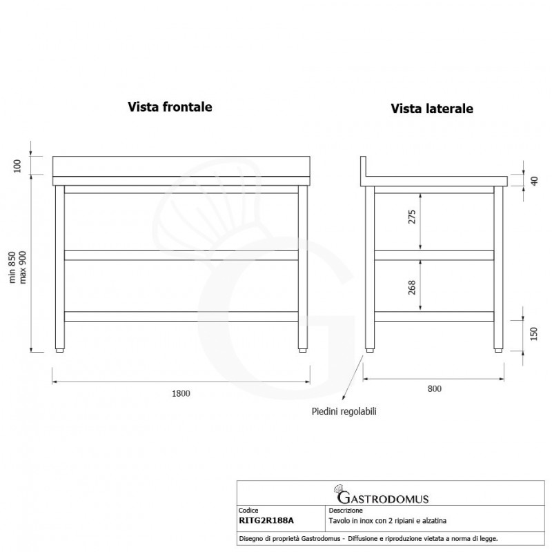 Tavolo inox 2 ripiani alzatina L 1800 mm x P 800 mm x H 950 mm