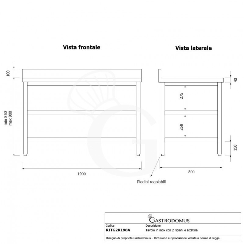 Tavolo inox 2 ripiani alzatina L 1900 mm x P 800 mm x H 950 mm