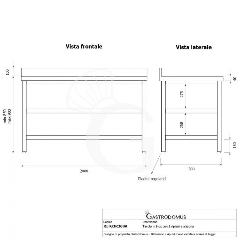 Tavolo inox 2 ripiani alzatina L 2000 mm x P 800 mm x H 950 mm