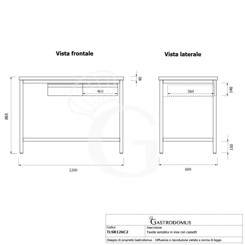Tavolo inox 2 cassetti L 1200 mm x P 600 mm x H 865 mm