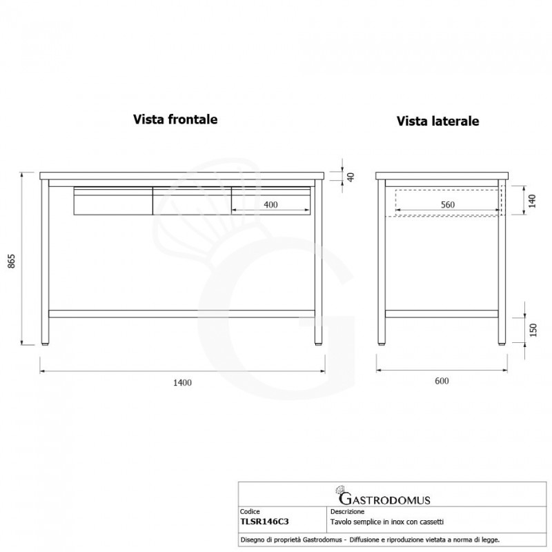Tavolo inox 3 cassetti L 1400 mm x P 600 mm x H 865 mm