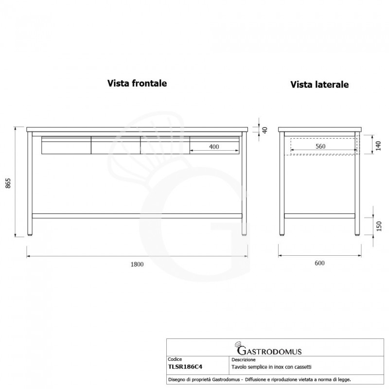 Tavolo inox 4 cassetti L 1800 mm x P 600 mm x H 865 mm