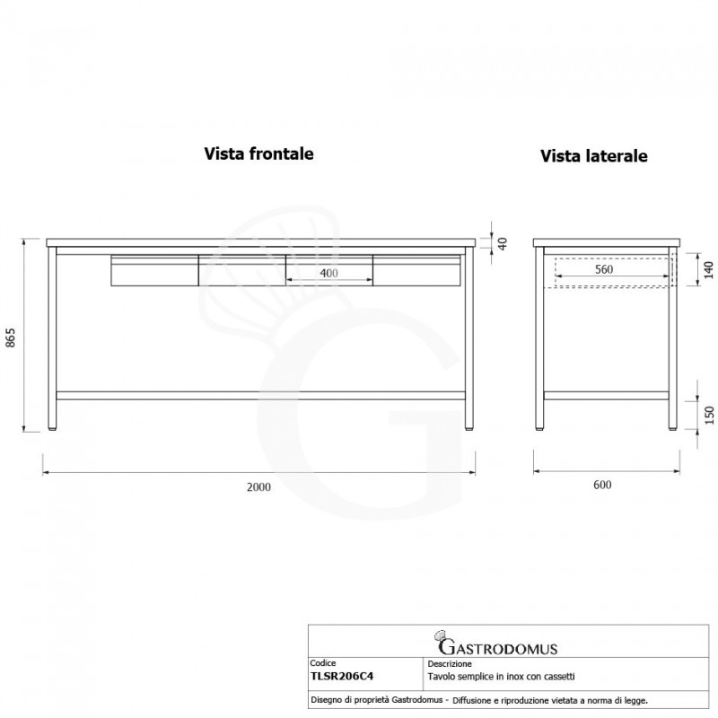 Tavolo inox 4 cassetti L 2000 mm x P 600 mm x H 865 mm