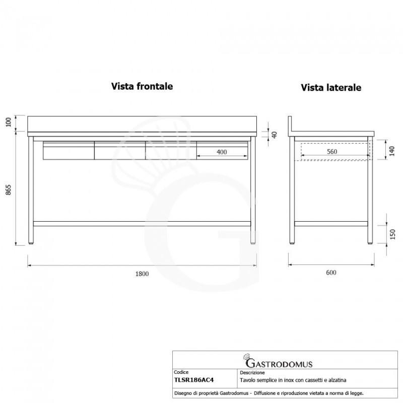 Tavolo inox 4 cassetti alzatina L 1800 mm x P 600 mm x H 965 mm