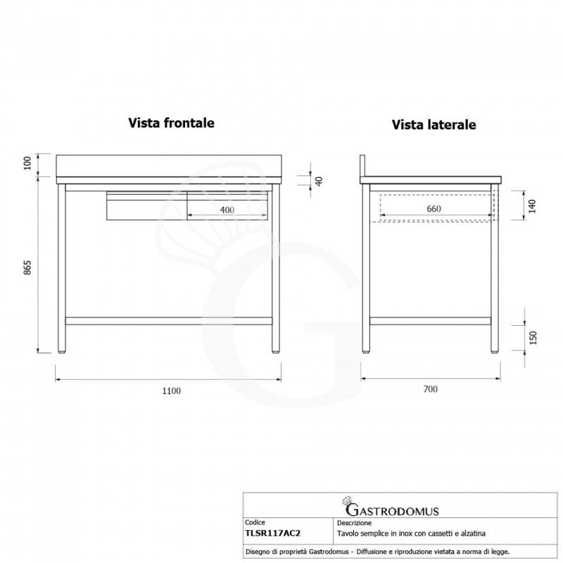 Tavolo inox 2 cassetti alzatina L 1100 mm x P 700 mm x H 965 mm