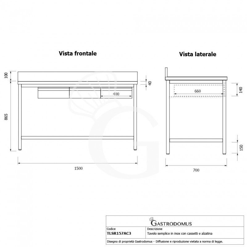 Tavolo inox 3 cassetti alzatina L 1500 mm x P 700 mm x H 965 mm