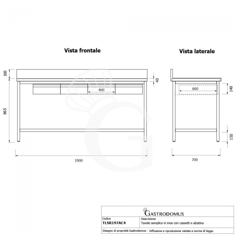 Tavolo inox 4 cassetti alzatina L 1900 mm x P 700 mm x H 965 mm