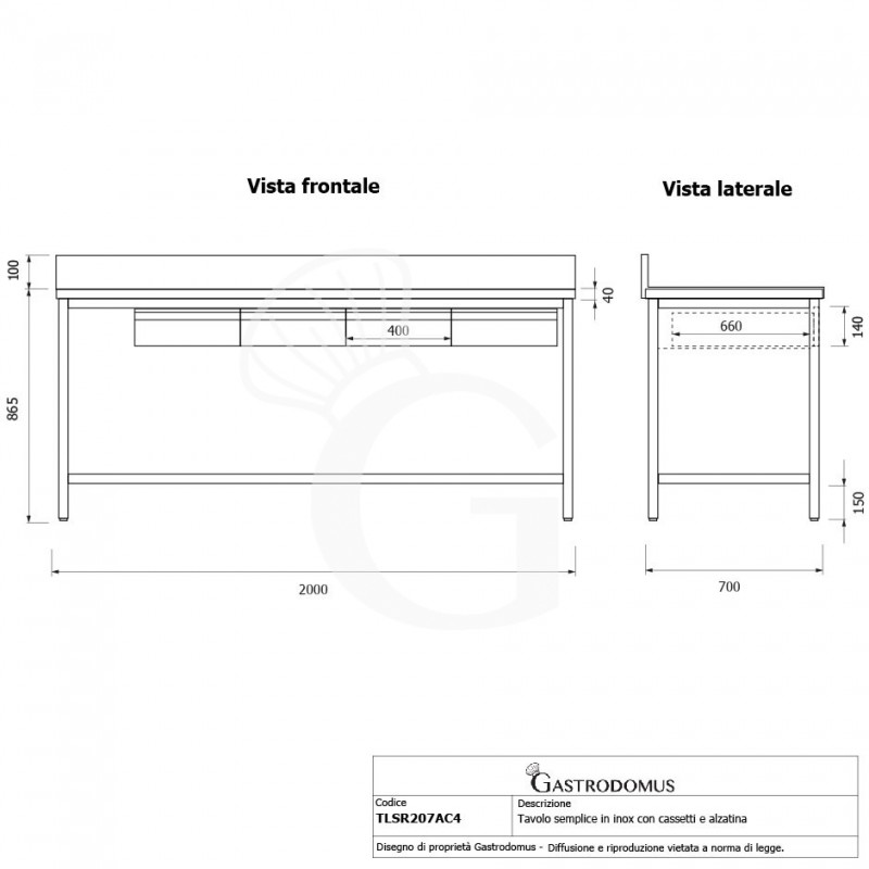Tavolo inox 4 cassetti alzatina L 2000 mm x P 700 mm x H 965 mm