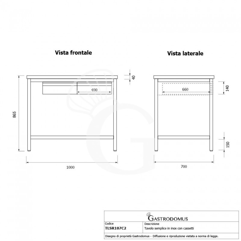 Tavolo inox 2 cassetti L 1000 mm x P 700 mm x H 865 mm