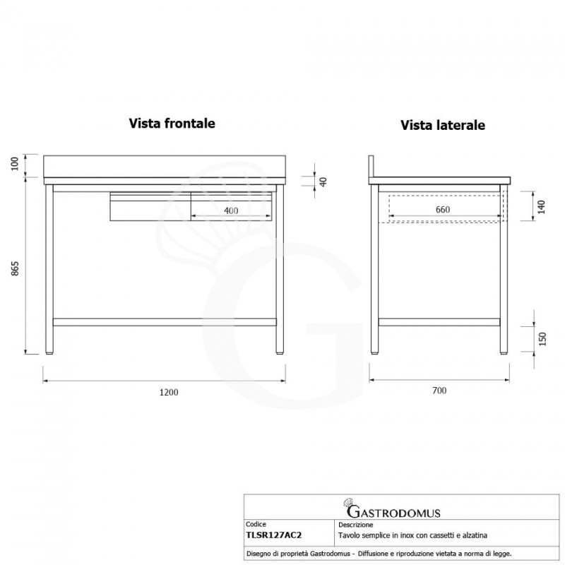 Tavolo inox 2 cassetti L 1200 mm x P 700 mm x H 865 mm