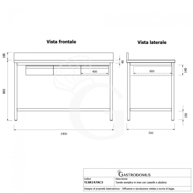 Tavolo inox 3 cassetti L 1400 mm x P 700 mm x H 865 mm