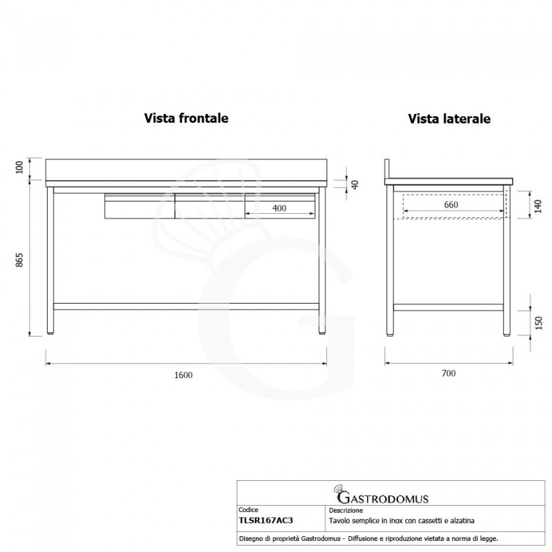 Tavolo inox 3 cassetti L 1600 mm x P 700 mm x H 865 mm