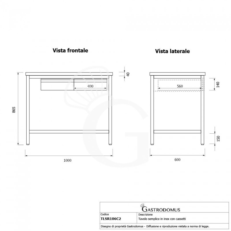 Tavolo inox ripiano 2 cassetti L 1000 mm x P 600 mm x H 865 mm