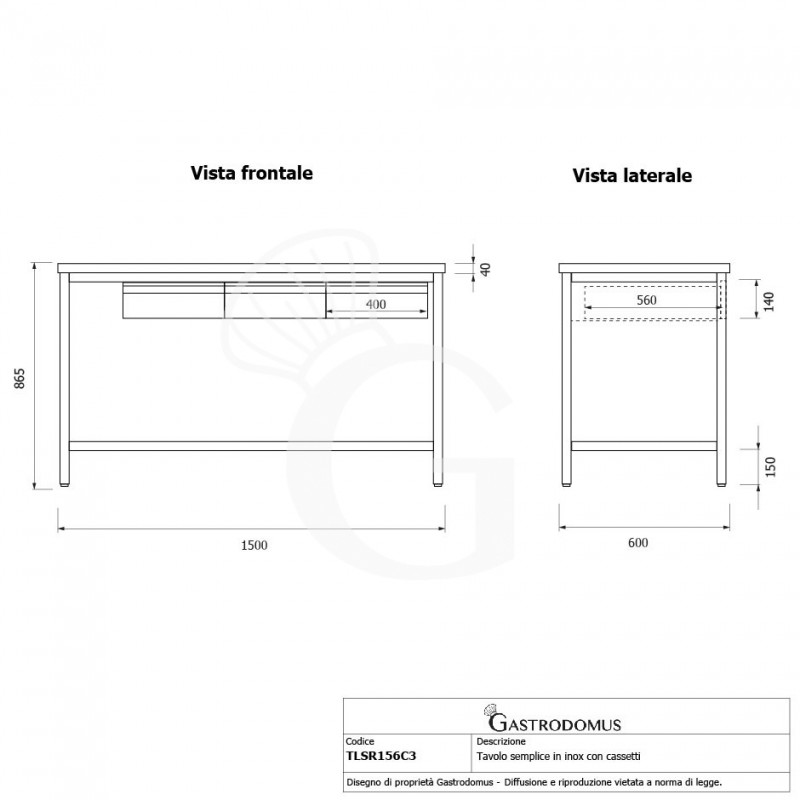 Tavolo inox ripiano 3 cassetti L 1500 mm x P 600 mm x H 865 mm