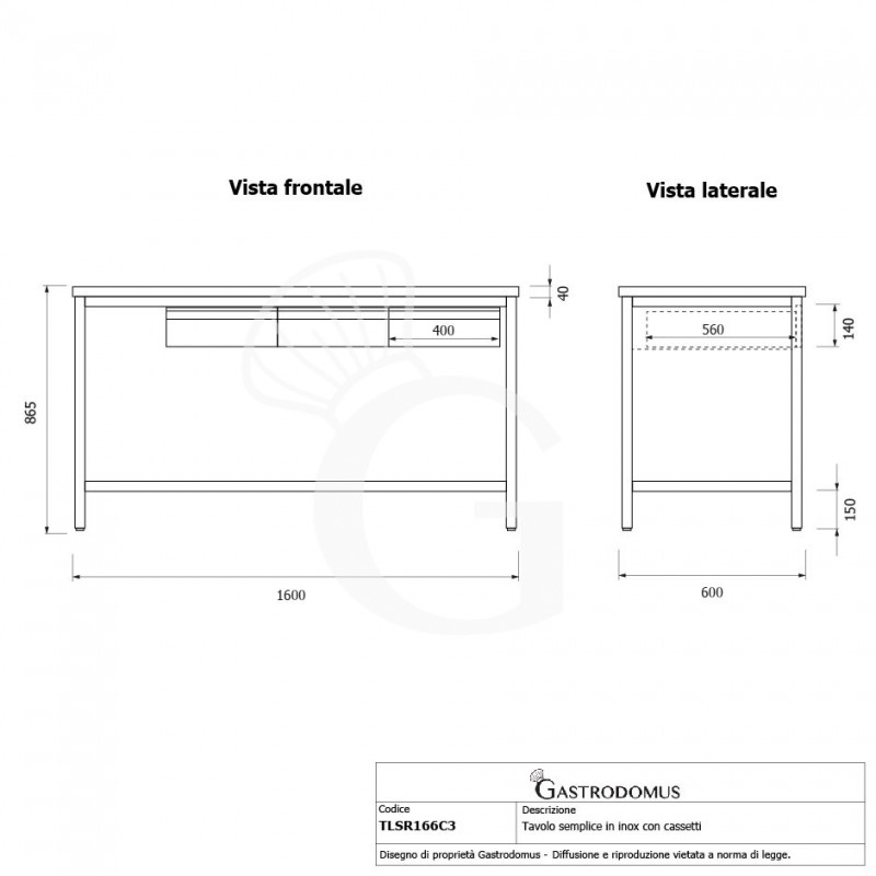Tavolo inox ripiano 3 cassetti L 1600 mm x P 600 mm x H 865mm