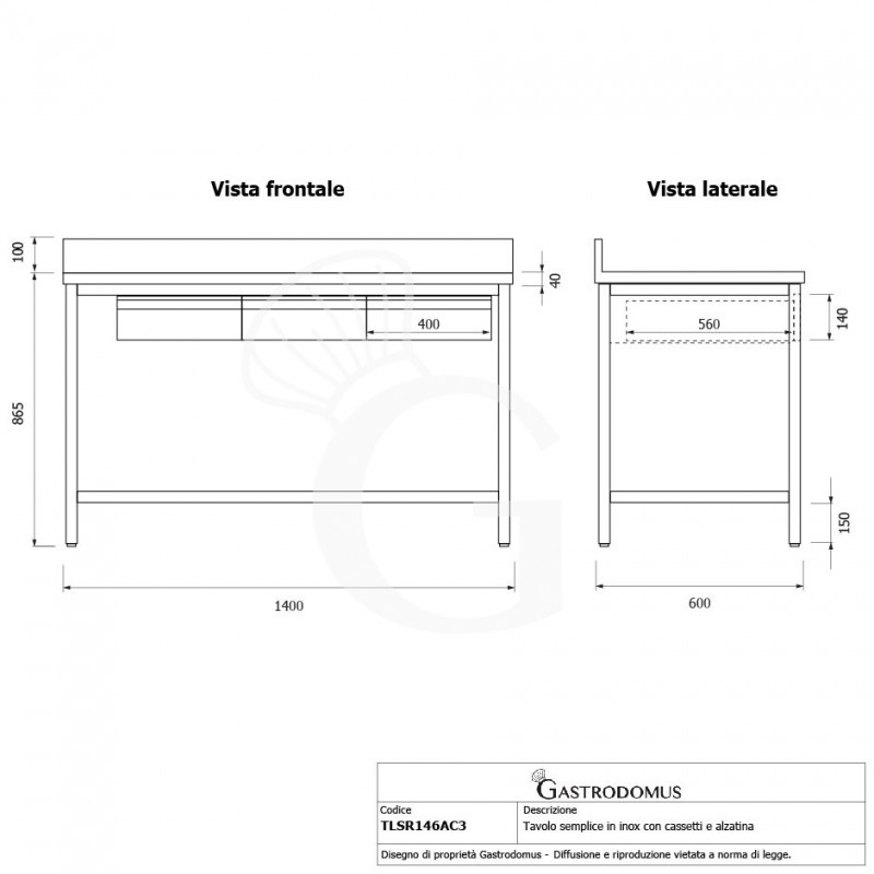 Tavolo inox ripiano alzatina 3 cassetti L 1400 mm x P 600 mm x H 965 mm