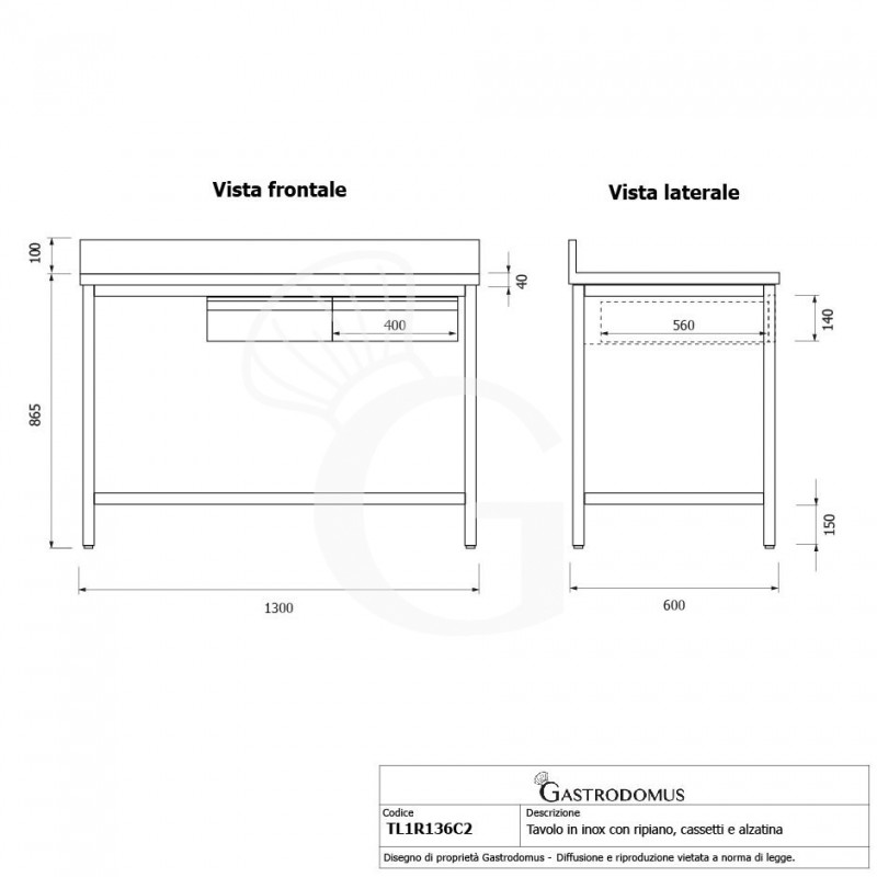 Tavolo inox ripiano alzatina 2 cassetti L 1300 mm x P 600 mm x H 965 mm