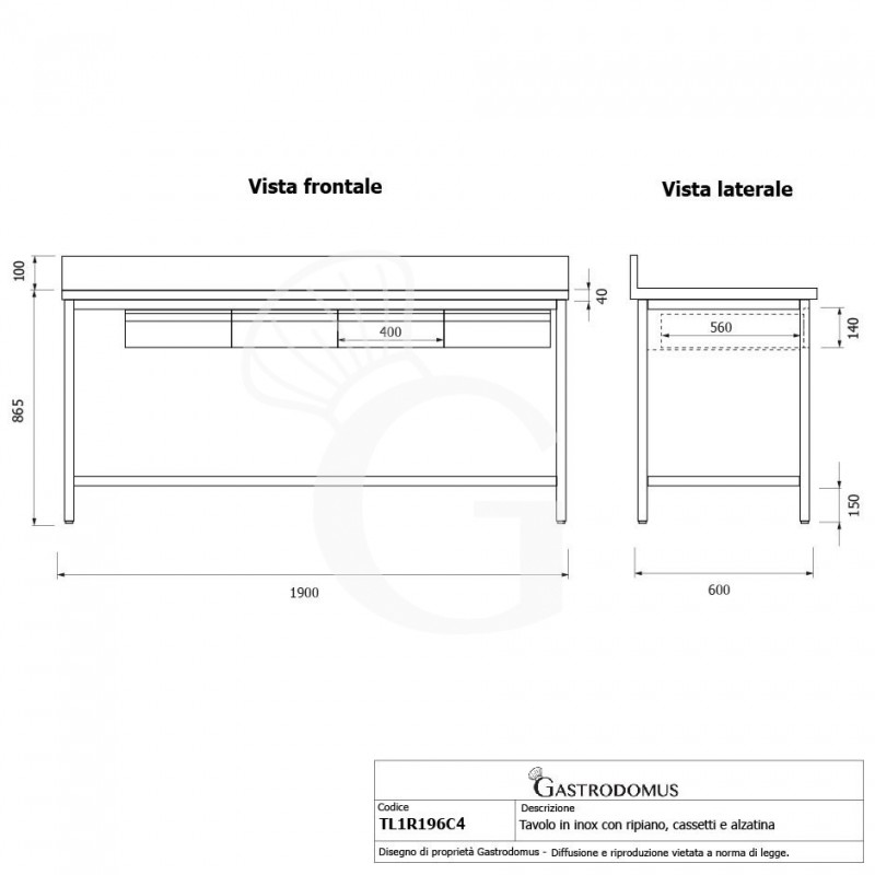 Tavolo inox ripiano alzatina 4 cassetti L 1900 mm x P 600 mm x H 965 mm