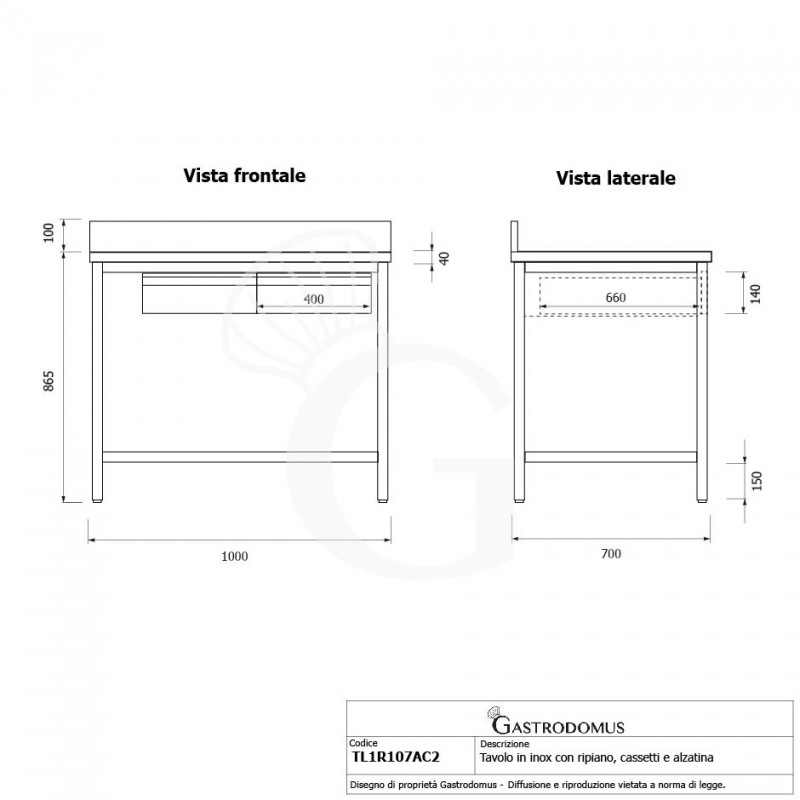 Tavolo inox ripiano alzatina 2 cassetti L 1000 mm x P 700 mm x H 965 mm