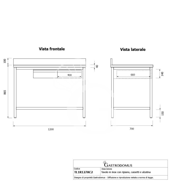 Tavolo inox ripiano alzatina 2 cassetti L 1200 mm x P 700 mm x H 965 mm