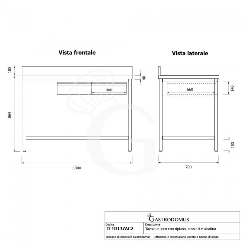 Tavolo inox ripiano alzatina 2 cassetti L 1300 mm x P 700 mm x H 965 mm