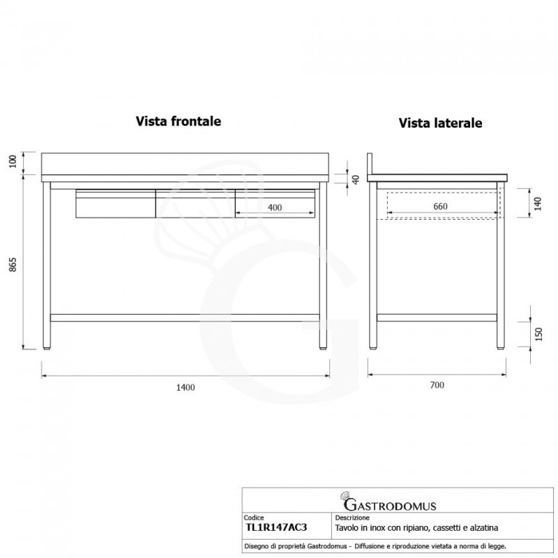Tavolo inox ripiano alzatina 3 cassetti L 1400 mm x P 700 mm x H 965 mm