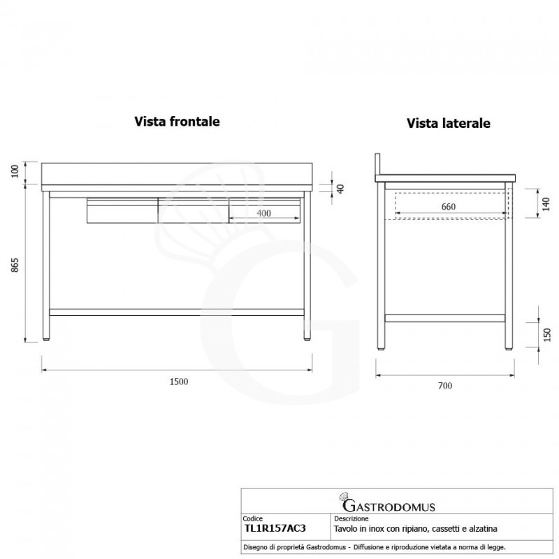 Tavolo inox ripiano alzatina 3 cassetti L 1500 mm x P 700 mm x H 965 mm